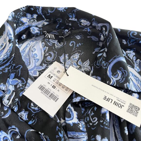 ZARA Blue Black Printed Flounced Shirt Dress M Mini Belted Long Sleeve NWT - Picture 8 of 11
